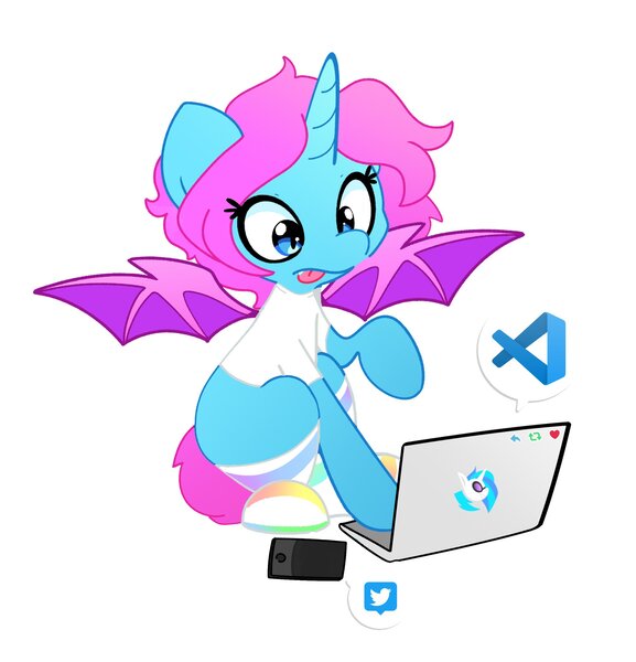 Size: 1970x2048 | Tagged: safe, artist:kindakismet, derpibooru import, oc, unofficial characters only, alicorn, bat pony, bat pony alicorn, pony, bat wings, clothes, commission, computer, female, heart, horn, image, jpeg, laptop computer, looking at something, mare, meta, phone, simple background, sitting, socks, solo, speech bubble, spread wings, tongue out, twitter, white background, wings