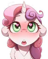 Size: 2131x2589 | Tagged: safe, artist:alcor, derpibooru import, sweetie belle, pony, unicorn, blushing, female, floppy ears, heart, heart eyes, image, looking up, open mouth, png, simple background, solo, transparent background, wingding eyes