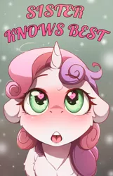 Size: 2131x3300 | Tagged: suggestive, alternate version, artist:alcor, derpibooru import, sweetie belle, pony, unicorn, comic:sister knows best, blushing, cover, female, floppy ears, heart, heart eyes, image, looking up, open mouth, png, solo, wingding eyes