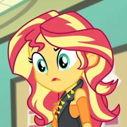 Size: 1920x1923 | Tagged: safe, derpibooru import, screencap, sunset shimmer, equestria girls, equestria girls series, forgotten friendship, clothes, cropped, cutie mark, cutie mark on clothes, female, geode of empathy, image, jewelry, jpeg, leather, leather vest, magical geodes, necklace, open mouth, solo, vest
