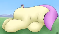 Size: 3480x1974 | Tagged: safe, artist:the-furry-railfan, derpibooru import, oc, oc:tuffy tonnes, unofficial characters only, pony, unicorn, disproportional anatomy, image, large butt, lying down, macro, png, small head, solo, tiny head, wat