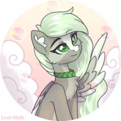 Size: 2000x2000 | Tagged: safe, artist:leah minik, derpibooru import, oc, unofficial characters only, pegasus, pony, bust, chest fluff, cute, female, green eyes, image, looking up, mare, pegasus oc, png, sitting, smiling, soap bubble, solo, wings