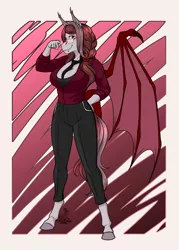Size: 1619x2266 | Tagged: safe, artist:blackblood-queen, derpibooru import, oc, oc:scarlet quill, unofficial characters only, anthro, bat pony, pony, unguligrade anthro, anthro oc, bat pony oc, bat wings, braided ponytail, breasts, clothes, commission, fangs, female, freckles, glasses, image, mare, mother, necktie, png, red eyes, slit pupils, smiling, wings