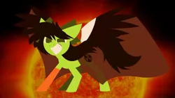 Size: 1280x720 | Tagged: safe, artist:kusochekcat, derpibooru import, ponified, pegasus, pony, crossover, female, grin, image, jpeg, lineless, mare, radioactive, reiuji utsuho, smiling, sun, touhou