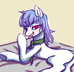 Size: 570x555 | Tagged: safe, artist:melonlicious, derpibooru import, oc, oc:null, earth pony, pony, bed, blushing, clothes, feet, fetish, foot fetish, foot worship, image, jpeg, licking, licking foot, red eyes, scarf, simple background, solo, tongue out, white background