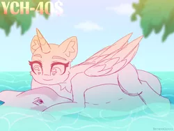 Size: 2500x1875 | Tagged: safe, artist:leah minik, derpibooru import, oc, dolphin, pony, any race, commission, image, inner tube, looking down, png, smiling, solo, swimming, water, your character here