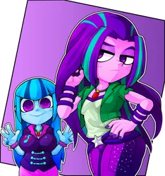 Size: 1653x1763 | Tagged: safe, artist:kyouman1010, derpibooru import, aria blaze, sonata dusk, equestria girls, :<, :>, alternate hairstyle, big breasts, bracelet, breasts, busty sonata dusk, clothes, cute, duo, duo female, female, frown, gem, hand on hip, image, jewelry, jpeg, looking at you, necklace, peace sign, simple background, siren gem, smiling, smiling at you, sonatabetes, spiked wristband, white background, wristband