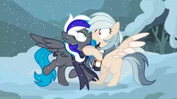 Size: 2500x1406 | Tagged: safe, artist:leah minik, derpibooru import, oc, oc:flaming dune, unofficial characters only, pegasus, pony, base used, clothes, female, image, kissing, mare, multicolored mane, oc x oc, pegasus oc, png, scarf, shipping, snow, snowfall, spread wings, striped scarf, surprise kiss, wings