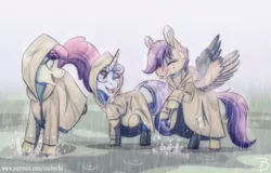 Size: 1024x656 | Tagged: safe, artist:inuhoshi-to-darkpen, derpibooru import, apple bloom, scootaloo, sweetie belle, earth pony, pegasus, pony, unicorn, curved horn, cutie mark crusaders, female, filly, foal, happy, having fun, horn, image, jpeg, looking at each other, looking at someone, puddle, rain, raincoat, silly face, splashing, spread wings, tongue out, trio, wings