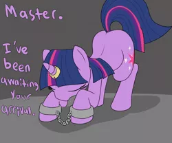 Size: 1200x1000 | Tagged: safe, artist:datte-before-dawn, twilight sparkle, pony, unicorn, bowing, dialogue, dock, female, horn, horn ring, image, jewelry, jpeg, mare, ring, shackles, slave, solo, unicorn twilight