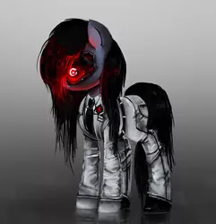 Size: 1002x1041 | Tagged: safe, artist:menalia, derpibooru import, oc, oc:vision backup, unofficial characters only, cyborg, cyborg pony, earth pony, pony, badge, belt, clothes, cyberpunk, gloves, gray background, image, long mane, male, necktie, pants, png, reflection, shoes, simple background, stallion, suit