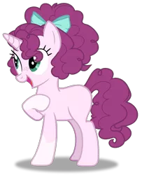 Size: 1444x1774 | Tagged: safe, artist:spectrumnightyt, derpibooru import, oc, oc:charlotte aux fraises, unofficial characters only, pony, unicorn, base used, bow, coat markings, female, freckles, full body, hair bow, hooves, horn, image, magical lesbian spawn, mare, offspring, open mouth, open smile, parent:pinkie pie, parent:sugar belle, parents:sugarpie, png, shadow, show accurate, simple background, smiling, socks (coat marking), solo, standing, transparent background, unicorn oc
