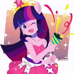 Size: 766x766 | Tagged: safe, artist:efuji_d, derpibooru import, twilight sparkle, equestria girls, big crown thingy, clothes, confetti, element of magic, fall formal outfits, female, image, jewelry, jpeg, one eye closed, open mouth, open smile, regalia, simple background, smiling, solo, stars, white background