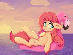 Size: 3600x2700 | Tagged: safe, artist:stravy_vox, derpibooru import, fluttershy, pegasus, pony, drinking, drinking straw, female, hoof hold, image, inner tube, looking at you, mare, ocean, png, straw, sunset, water