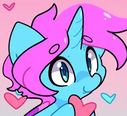 Size: 1016x930 | Tagged: safe, artist:kindakismet, derpibooru import, pony, unicorn, bust, commission, fangs, gradient background, heart, horn, image, jpeg, looking at you, pink background, portrait, simple background, smiling, smiling at you, solo, ych result