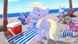 Size: 3840x2160 | Tagged: safe, artist:owlpirate, derpibooru import, derpy hooves, pegasus, pony, 3d, 4k, balloonicorn, beach, beach chair, beach towel, chair, cooler, cute, derpabetes, female, food, high res, hoof hold, ice cream, image, licking, mare, neckerchief, png, solo, source filmmaker, tongue out, towel
