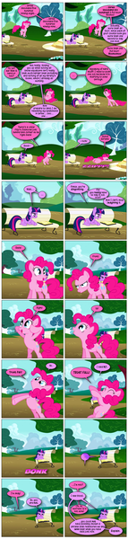 Size: 868x3642 | Tagged: safe, artist:dziadek1990, derpibooru import, edit, edited screencap, screencap, pinkie pie, twilight sparkle, griffon the brush off, bench, book, comic, conversation, dialogue, eww, gotta go fast, image, magic, png, potty emergency, potty time, screencap comic, telekinesis, text, tree