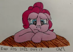 Size: 3245x2320 | Tagged: safe, artist:rapidsnap, derpibooru import, pinkie pie, earth pony, pony, crying, image, jpeg, newbie artist training grounds, photo, sad, simple background, solo, table, traditional art, white background