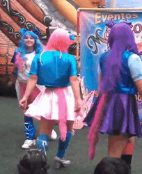 Size: 367x450 | Tagged: safe, derpibooru import, pinkie pie, rainbow dash, twilight sparkle, human, equestria girls, animated, boots, clothes, dancing, eqg el show en vivo, gif, image, irl, irl human, live action, panties, panty shot, photo, shoes, skirt, turning, underwear, upskirt, you know for kids