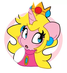 Size: 1443x1573 | Tagged: safe, artist:kindakismet, derpibooru import, ponified, pony, unicorn, :o, bust, clothes, crossover, crown, female, horn, image, jewelry, jpeg, looking at you, mare, open mouth, portrait, princess peach, regalia, simple background, solo, super mario bros., video game, white background