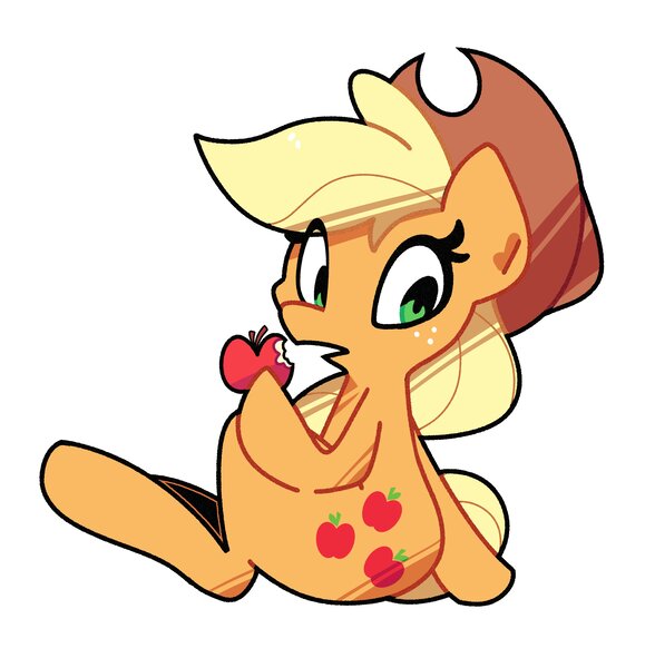 Size: 3316x3382 | Tagged: safe, artist:kindakismet, derpibooru import, applejack, earth pony, pony, apple, applejack's hat, cowboy hat, eating, eye clipping through hair, food, freckles, hat, hoof hold, image, jpeg, open mouth, raised hoof, simple background, sitting, white background