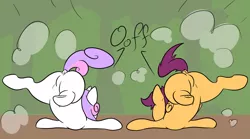 Size: 1940x1080 | Tagged: suggestive, artist:happy harvey, derpibooru import, scootaloo, sweetie belle, pegasus, pony, unicorn, ass up, belly button, blank flank, butt, crash, dock, drawn on phone, dust cloud, face down ass up, facing away, falling, featureless crotch, female, filly, foal, frog (hoof), image, oof, png, raised leg, raised tail, tail, thighs, thunder thighs, underhoof, wide hips