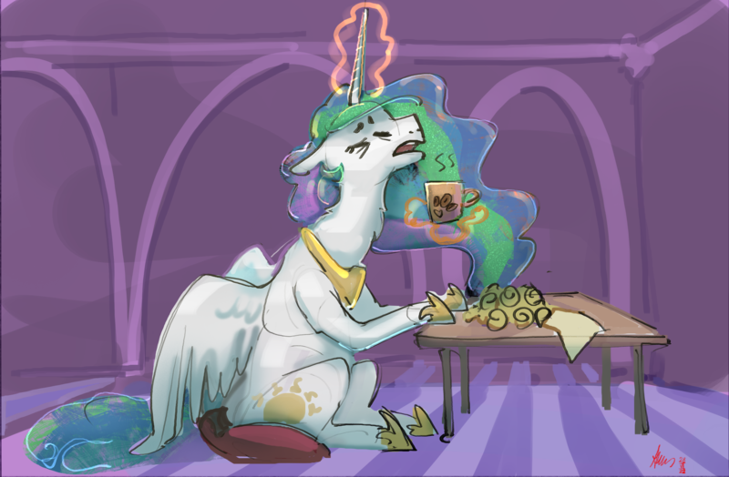 Size: 4468x2926 | Tagged: safe, artist:alumx, derpibooru import, princess celestia, alicorn, pony, absurd resolution, coffee mug, eyes closed, female, floppy ears, glow, glowing horn, horn, image, levitation, magic, majestic as fuck, mare, mug, open mouth, pillow, png, scroll, sitting, telekinesis, tired