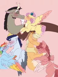 Size: 2250x3000 | Tagged: safe, artist:cocobean2176, derpibooru import, applejack, discord, fluttershy, rainbow dash, soarin', oc, draconequus, earth pony, pegasus, pony, blushing, discoshy, female, hug, image, kissing, male, mare, parents:canon x oc, pink background, png, shipping, simple background, soarindash, story included, straight