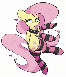 Size: 2156x2498 | Tagged: safe, artist:kindakismet, derpibooru import, fluttershy, pegasus, pony, bell, cat bell, clothes, collar, dock, female, folded wings, heart, image, jpeg, mare, simple background, socks, solo, tail, white background, wings