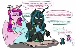 Size: 1323x832 | Tagged: safe, artist:redxbacon, derpibooru import, princess cadance, queen chrysalis, alicorn, anthro, changeling, book, cadalis, chains, clothes, crown, dialogue, dress, female, image, infidelity, jewelry, jpeg, lesbian, pencil, regalia, shipping, simple background, white background