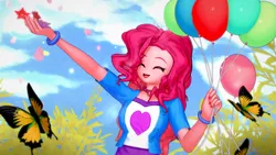 Size: 1920x1080 | Tagged: safe, artist:ratachu666, derpibooru import, pinkie pie, butterfly, human, insect, equestria girls, 3d, balloon, eyes closed, image, koikatsu, open mouth, open smile, png, smiling, solo