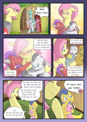 Size: 2591x3624 | Tagged: safe, alternate version, artist:mustachedbain, derpibooru import, fluttershy, zephyr breeze, oc, oc:august, oc:izen, oc:rexion, dragon, pegasus, pony, comic:my dragon children, adopted offspring, baby, baby dragon, blushing, comic, crying, dialogue, dragon oc, female, floppy ears, fluttermom, group hug, hug, image, male, mare, mother and child, mother and son, non-pony oc, parent:fluttershy, plushie, png, speech bubble, stallion, swaddled baby, tears of joy