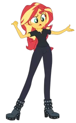 Size: 2200x3553 | Tagged: safe, artist:gmaplay, derpibooru import, sunset shimmer, equestria girls, black pants, black shirt, boots, image, png, raised eyebrow, shoes, solo