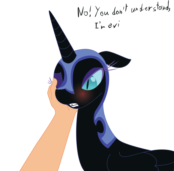 Size: 2020x1995 | Tagged: safe, artist:zev, derpibooru import, edit, nightmare moon, human, bedroom eyes, blushing, cute, faceless human, faceless male, floppy ears, gritted teeth, hand, hnnng, image, male, nicemare moon, offscreen character, one eye closed, petting, png, simple background, teeth, text, transparent background, tsundere, tsundere moon, wink