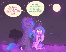 Size: 2000x1600 | Tagged: safe, artist:scribble-potato, derpibooru import, izzy moonbow, princess luna, alicorn, pony, unicorn, :c, >:c, atg 2022, bracelet, crown, dialogue, duo, duo female, excited, female, floral head wreath, flower, flower field, friendship bracelet, frown, g4, g5, happy, horn, image, jewelry, jpeg, mare, moon, necktie, newbie artist training grounds, night, no, peytral, regalia, smiling, speech bubble, stars, tree