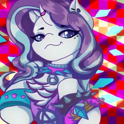Size: 3000x3000 | Tagged: safe, artist:umbrapone, derpibooru import, rarity, pony, unicorn, abstract background, blue eyes, bracelet, chest fluff, collar, ear piercing, emo, gem, glowing gems, horn, horn ring, image, jewelry, needs more saturation, nightmare rarity mane, piercing, png, rawrified, ring, small horn, smug, smugity, spiked collar, spiked wristband, symbol, this will end in fashion, wristband