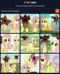 Size: 760x932 | Tagged: semi-grimdark, craiyon, dall·e mini, derpibooru import, machine learning generated, fluttershy, pegasus, pony, crossover, cursed image, demogorgon, female, image, mare, not salmon, png, stranger things, wat, why, wtf