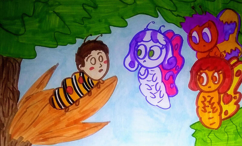 Size: 1280x772 | Tagged: safe, artist:dex stewart, derpibooru import, apple bloom, scootaloo, sweetie belle, butterfly, caterpillar, insect, image, james and the giant peach, jpeg, species swap, traditional art