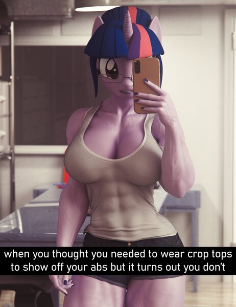 Size: 2400x3120 | Tagged: suggestive, artist:dashie116, derpibooru import, sci-twi, twilight sparkle, anthro, 3d, abs, breasts, busty sci-twi, female, glasses, image, jpeg, muscles, muscular female, selfie, solo, solo female, source filmmaker