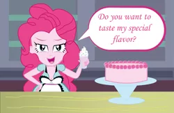 Size: 5101x3300 | Tagged: safe, artist:bronybran, derpibooru import, pinkie pie, equestria girls, cake, food, image, jpeg, lactation, looking at you, milk, server pinkie pie, speech bubble, talking, waitress