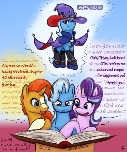 Size: 1000x1200 | Tagged: safe, artist:hiddelgreyk, derpibooru import, starlight glimmer, sunburst, trixie, book, cape, clothes, cosplay, costume, daydream, dialogue, distracted, genshin impact, glasses, hat, image, jpeg, mona (genshin impact), shoes, signature, simple background, socks, speech bubble, stockings, thigh highs, thought bubble, witch hat