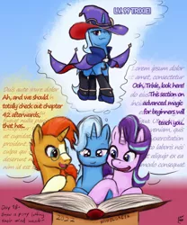 Size: 1000x1200 | Tagged: safe, artist:hiddelgreyk, derpibooru import, starlight glimmer, sunburst, trixie, book, cape, clothes, cosplay, costume, daydream, dialogue, distracted, genshin impact, glasses, hat, image, jpeg, mona (genshin impact), shoes, signature, simple background, socks, speech bubble, stockings, thigh highs, thought bubble, witch hat