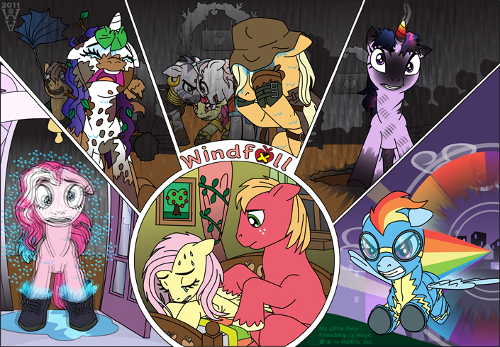 Size: 705x490 | Tagged: safe, artist:warrenhutch, derpibooru import, apple bloom, applejack, big macintosh, caramel, fluttershy, nurse redheart, pinkie pie, rainbow dash, rarity, twilight sparkle, zecora, pony, unicorn, zebra, 2011, boots, clothes, covered in mud, crying, eyes closed, fanfic art, female, fluttermac, flying, glow, glowing horn, horn, horn impalement, image, jpeg, leaf, male, mane six, mare, mouth hold, mud, old art, older, older apple bloom, shipping, shoes, soot, stallion, straight, sweat, umbrella, unicorn twilight, uniform, wonderbolts uniform