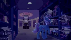 Size: 1600x900 | Tagged: safe, artist:grayflower, derpibooru import, edit, edited screencap, screencap, oc, oc:night light, unicorn, canterlot library, image, jpeg, library, solo