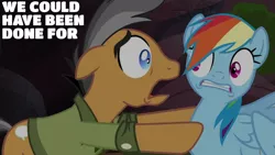 Size: 1280x720 | Tagged: safe, derpibooru import, edit, edited screencap, editor:quoterific, screencap, quibble pants, rainbow dash, earth pony, pegasus, pony, season 6, stranger than fan fiction, duo, duo male and female, female, floppy ears, image, jpeg, male, mare, open mouth, stallion, text