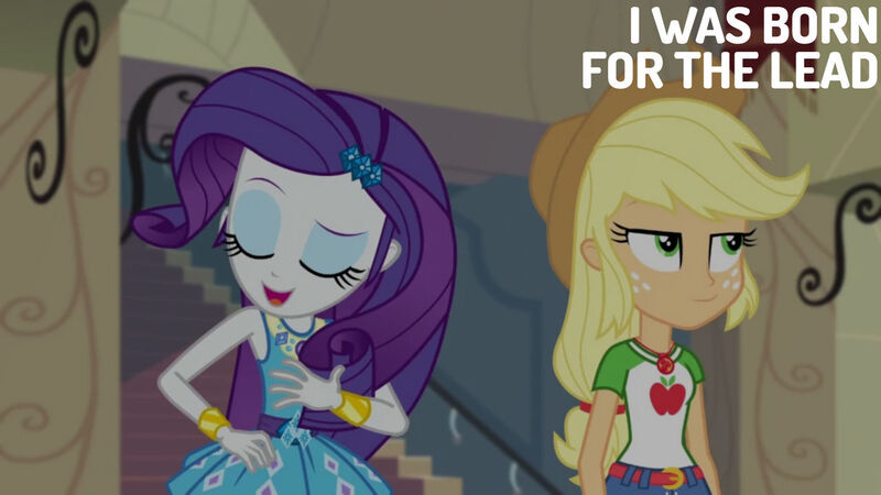 Size: 1280x720 | Tagged: safe, derpibooru import, edit, edited screencap, editor:quoterific, screencap, applejack, rarity, equestria girls, equestria girls series, fluttershy's butterflies, applejack's hat, belt, bracelet, canterlot high, clothes, cowboy hat, cutie mark, cutie mark on clothes, denim, denim skirt, duo, duo female, eyes closed, female, geode of shielding, geode of super strength, hairpin, hat, image, jewelry, jpeg, magical geodes, necklace, open mouth, open smile, rarity peplum dress, skirt, smiling, text