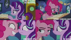 Size: 1280x720 | Tagged: safe, derpibooru import, edit, edited screencap, editor:quoterific, screencap, pinkie pie, starlight glimmer, earth pony, pony, unicorn, season 8, the maud couple, spoiler:s08, book, boop, duo, female, grin, image, jpeg, mare, nose to nose, noseboop, open mouth, smiling, text