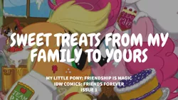 Size: 1280x720 | Tagged: safe, derpibooru import, edit, editor:quoterific, idw, applejack, pinkie pie, earth pony, pony, friends forever, spoiler:comic, boop, chef's hat, duo, female, food, hat, image, jpeg, mare, nose to nose, noseboop, pie, smiling, text