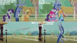 Size: 1280x720 | Tagged: safe, derpibooru import, edit, edited screencap, editor:quoterific, screencap, applejack, discord, pinkie pie, rainbow dash, rarity, draconequus, earth pony, pegasus, pony, unicorn, season 4, three's a crowd, :o, applejack's hat, cowboy hat, cute, discute, eyes closed, female, flying, group hug, hat, hug, image, jpeg, male, mare, open mouth, open smile, smiling, spread wings, text, train station, wings