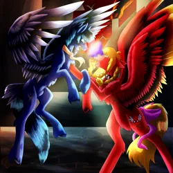 Size: 5800x5800 | Tagged: safe, artist:florarena-kitasatina/dragonborne fox, derpibooru import, ponified, bird, crow, pony, bared teeth, bow, braid, chest fluff, colored wings, cravat, crossover, fight, floppy ears, flying, flying castle, glare, goggles, hair bow, image, marc (flying red barrel), multicolored wings, nudity, peat (flying red barrel), png, pushing, raised leg, rearing, redraw, sheath, signature, spread wings, sunset, tail, tail feathers, this will end in pain, town, unshorn fetlocks, watermark, window, wings